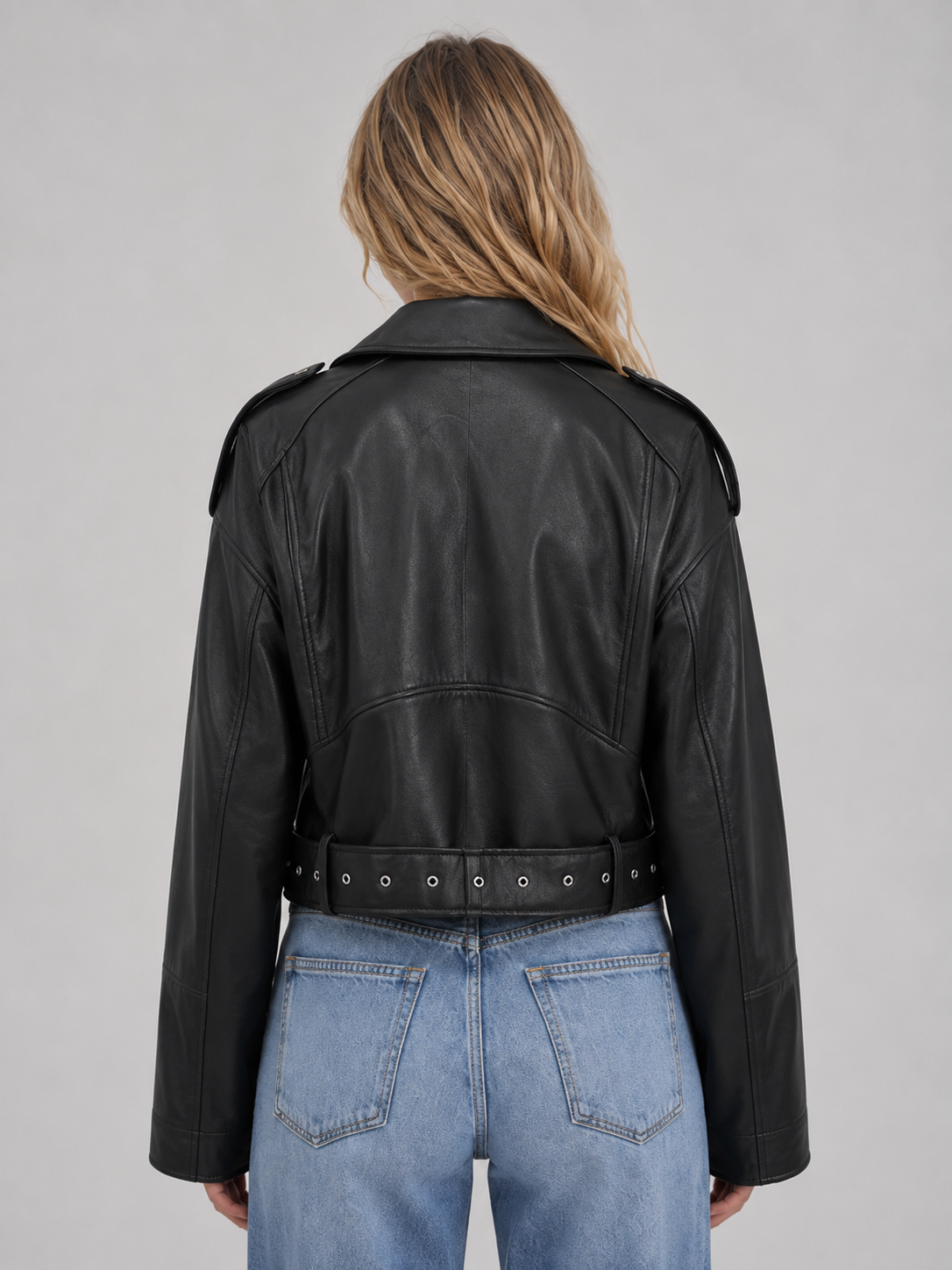 Leather Look Biker Jacket – Relaxed Fit Belted Moto Style
