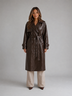 Leather Look Trench Coat – Long Double Breasted Belted Jacket