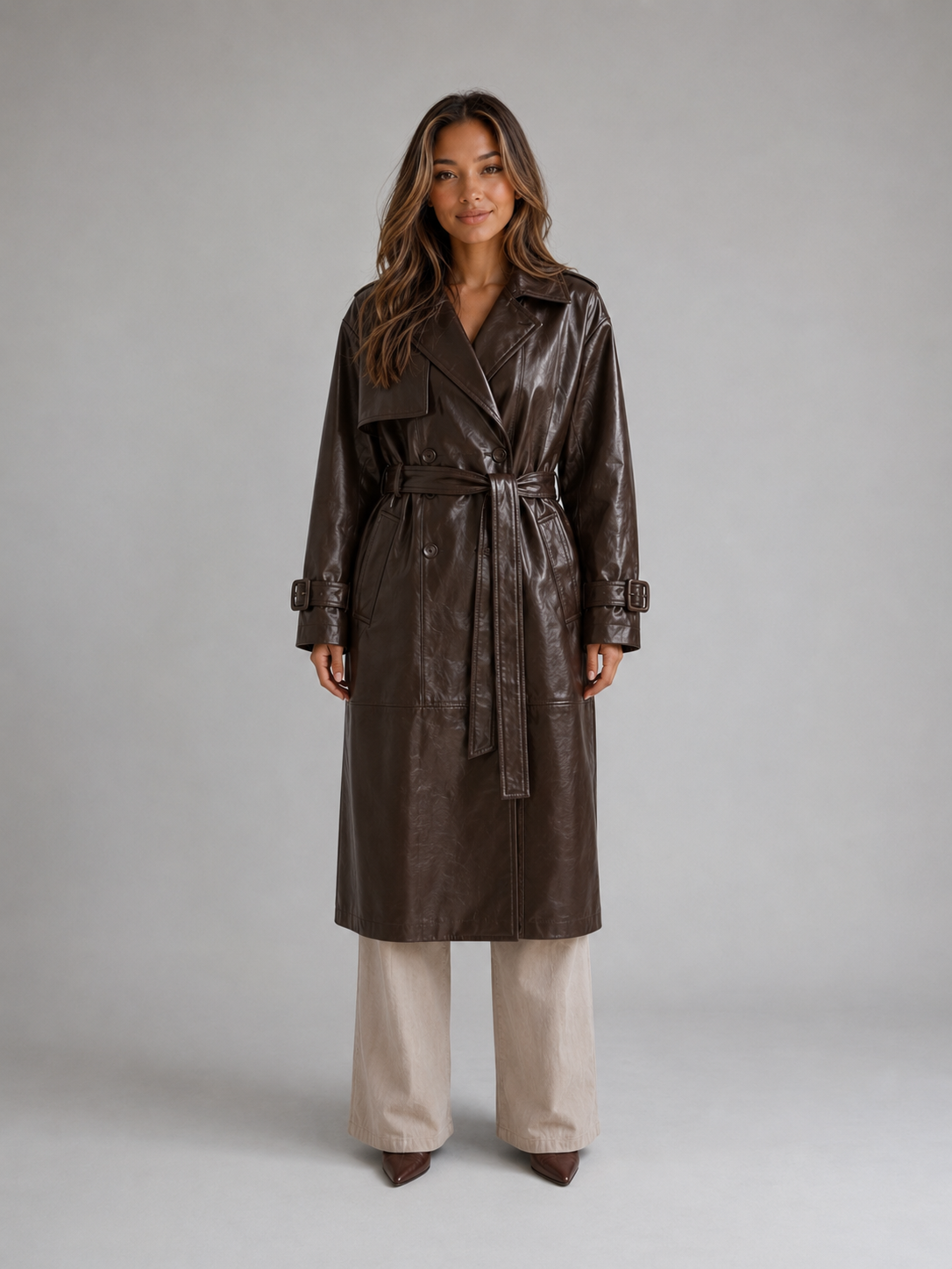 Leather Look Trench Coat – Long Double Breasted Belted Jacket