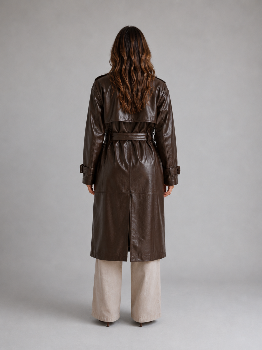 Leather Look Trench Coat – Long Double Breasted Belted Jacket