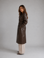 Leather Look Trench Coat – Long Double Breasted Belted Jacket