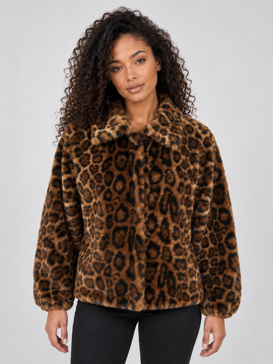 Leopard Print Faux Fur Jacket – Soft Plush Winter Coat