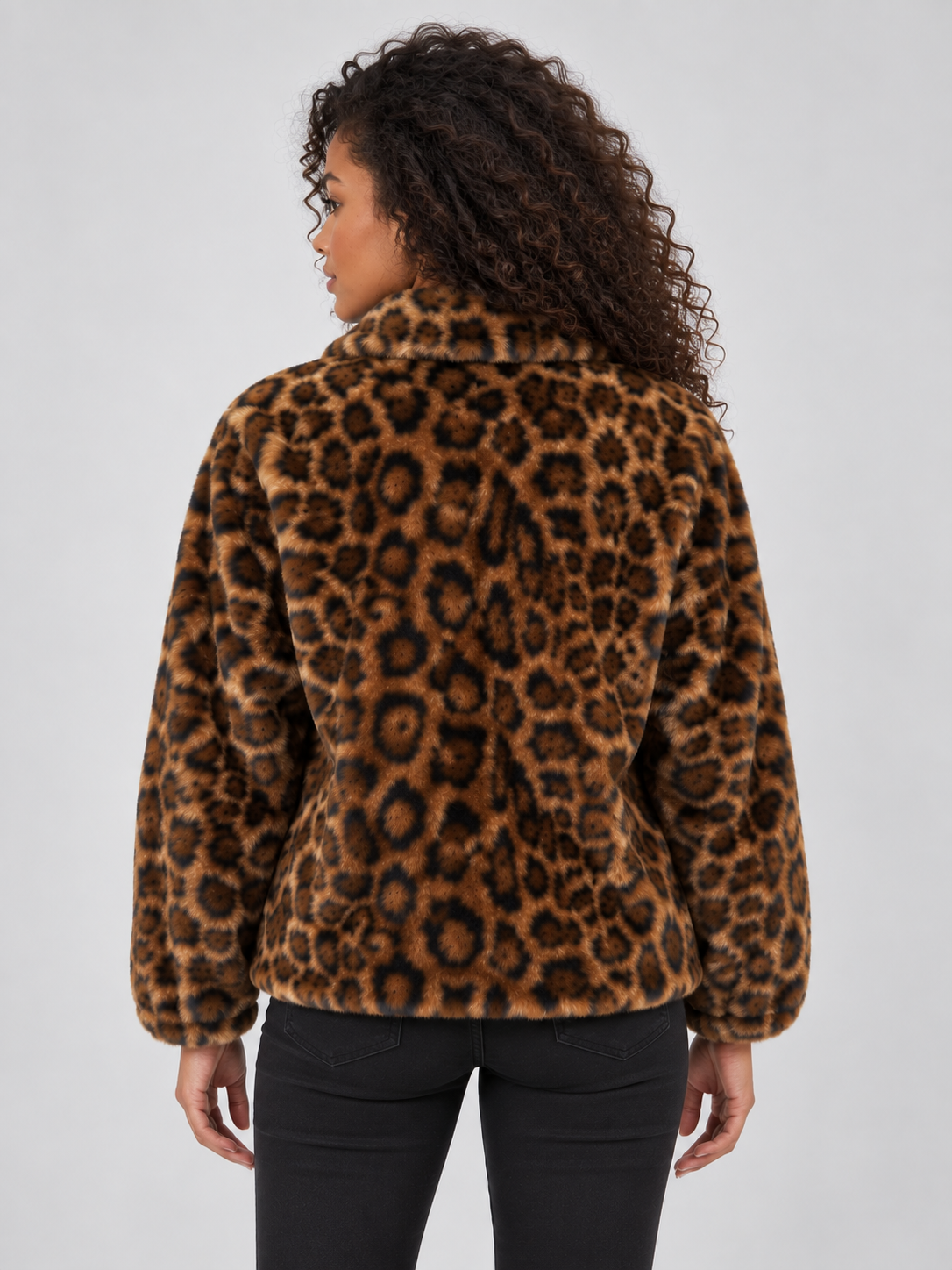 Leopard Print Faux Fur Jacket – Soft Plush Winter Coat