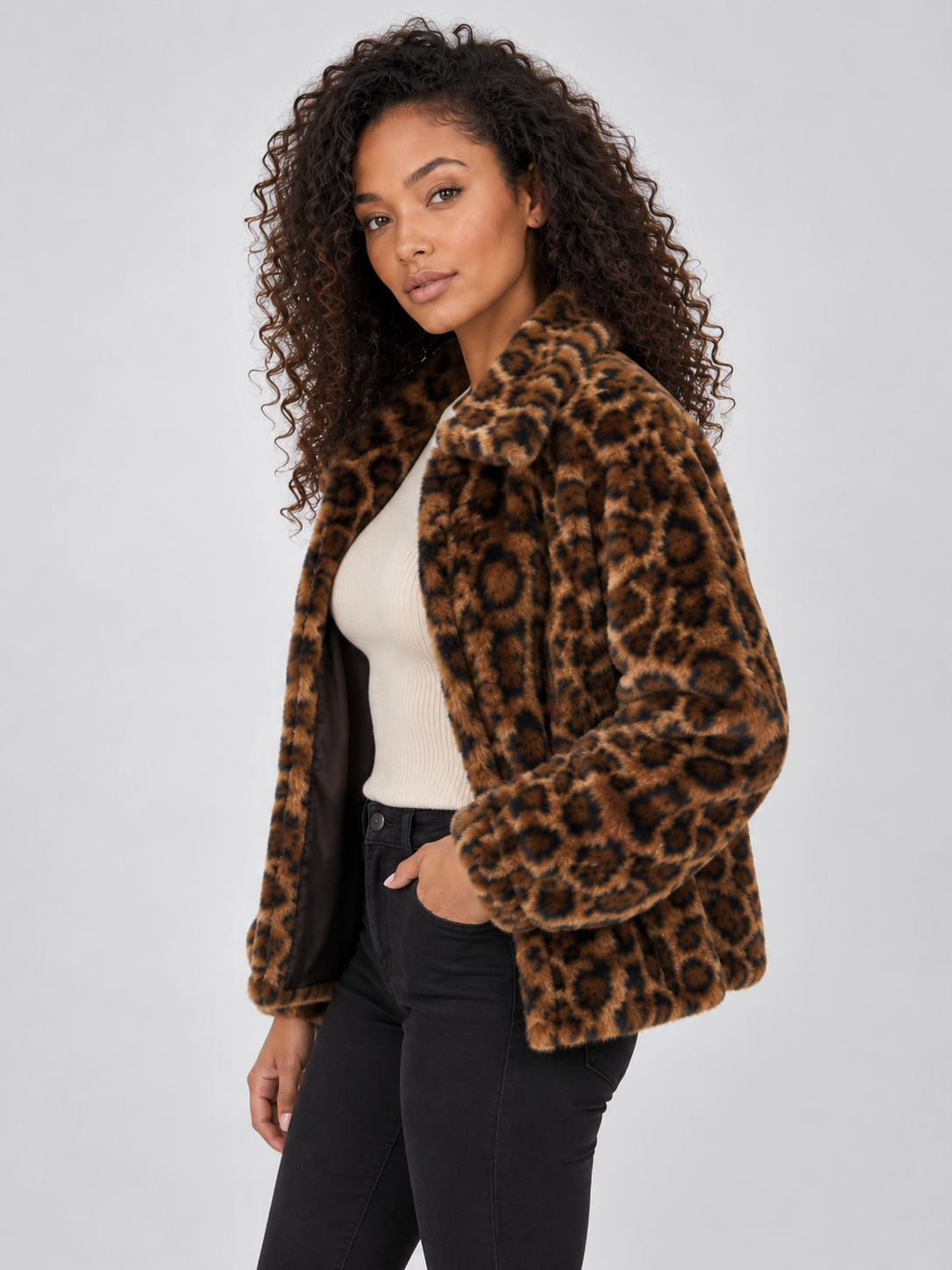 Leopard Print Faux Fur Jacket – Soft Plush Winter Coat
