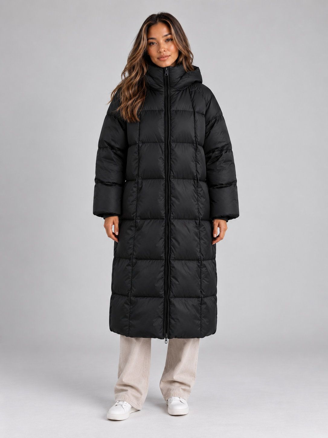 Long Hooded Puffer Coat – Padded Full Zip Winter Jacket