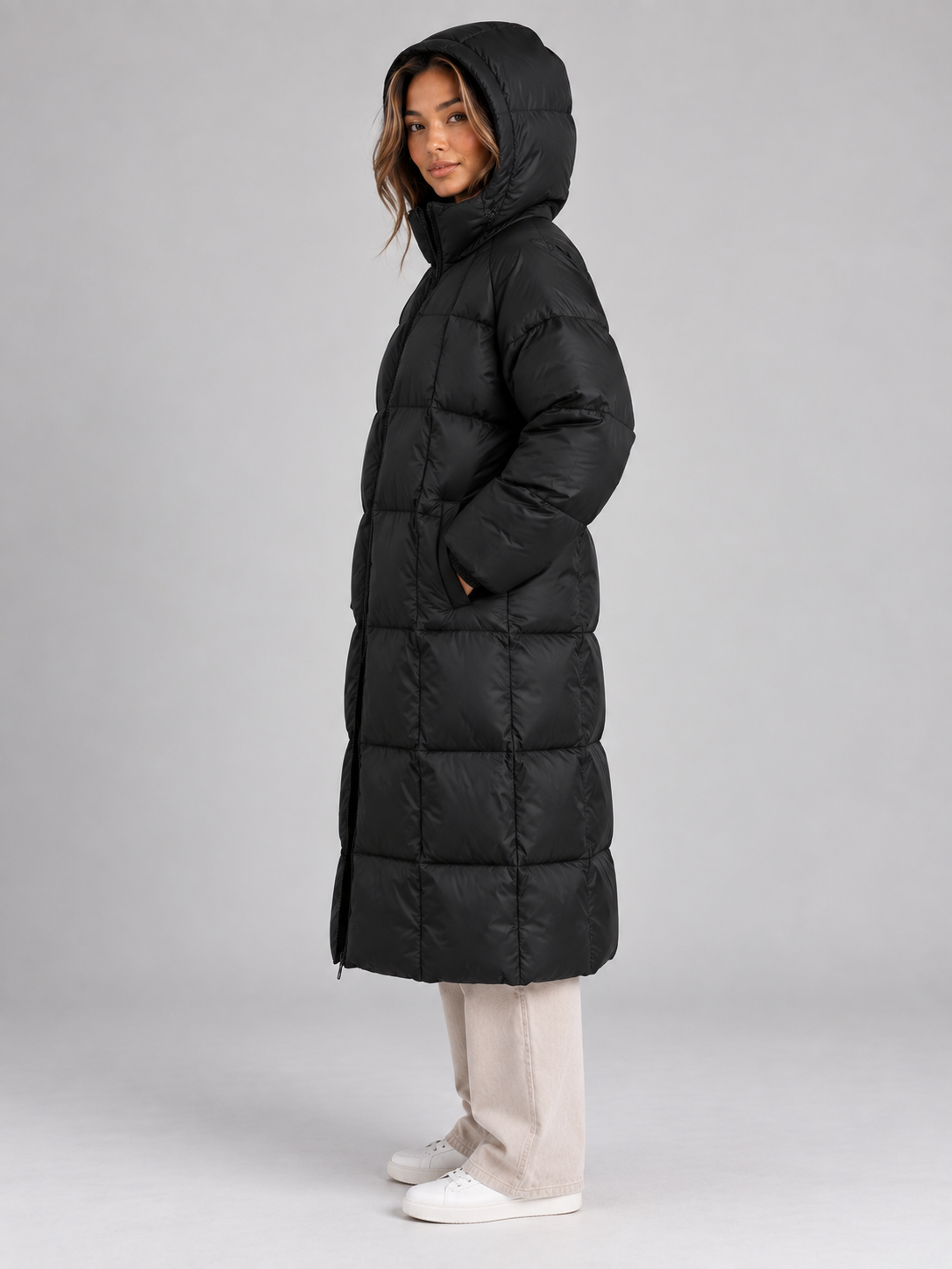 Long Hooded Puffer Coat – Padded Full Zip Winter Jacket