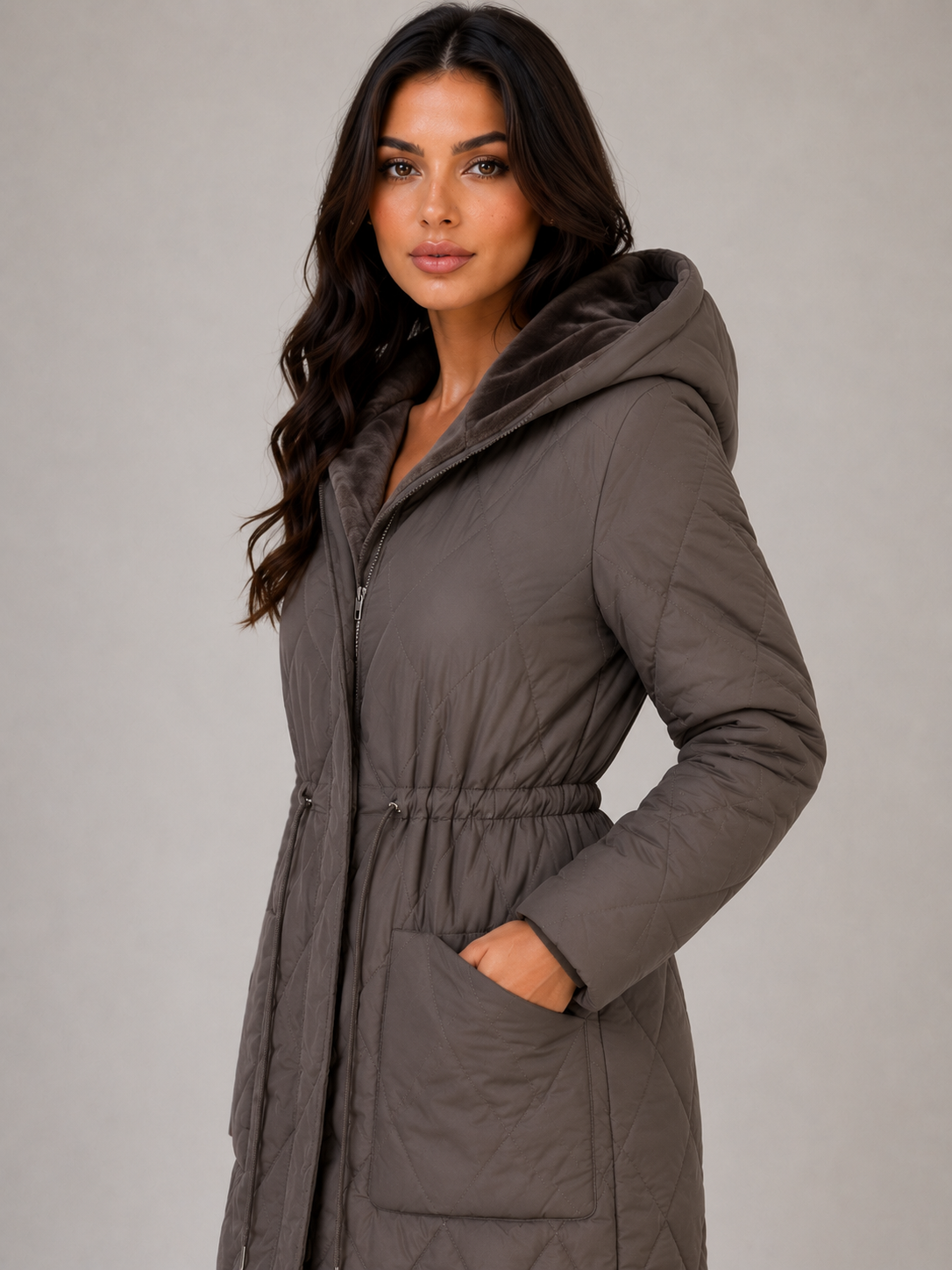 Long Quilted Puffer Coat – Faux Fur Collar Winter Coat