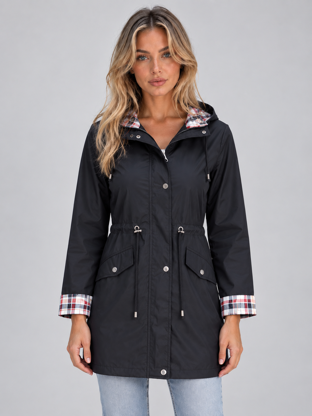Longline Hooded Raincoat – Zip Up Parka with Adjustable Drawstring Waist