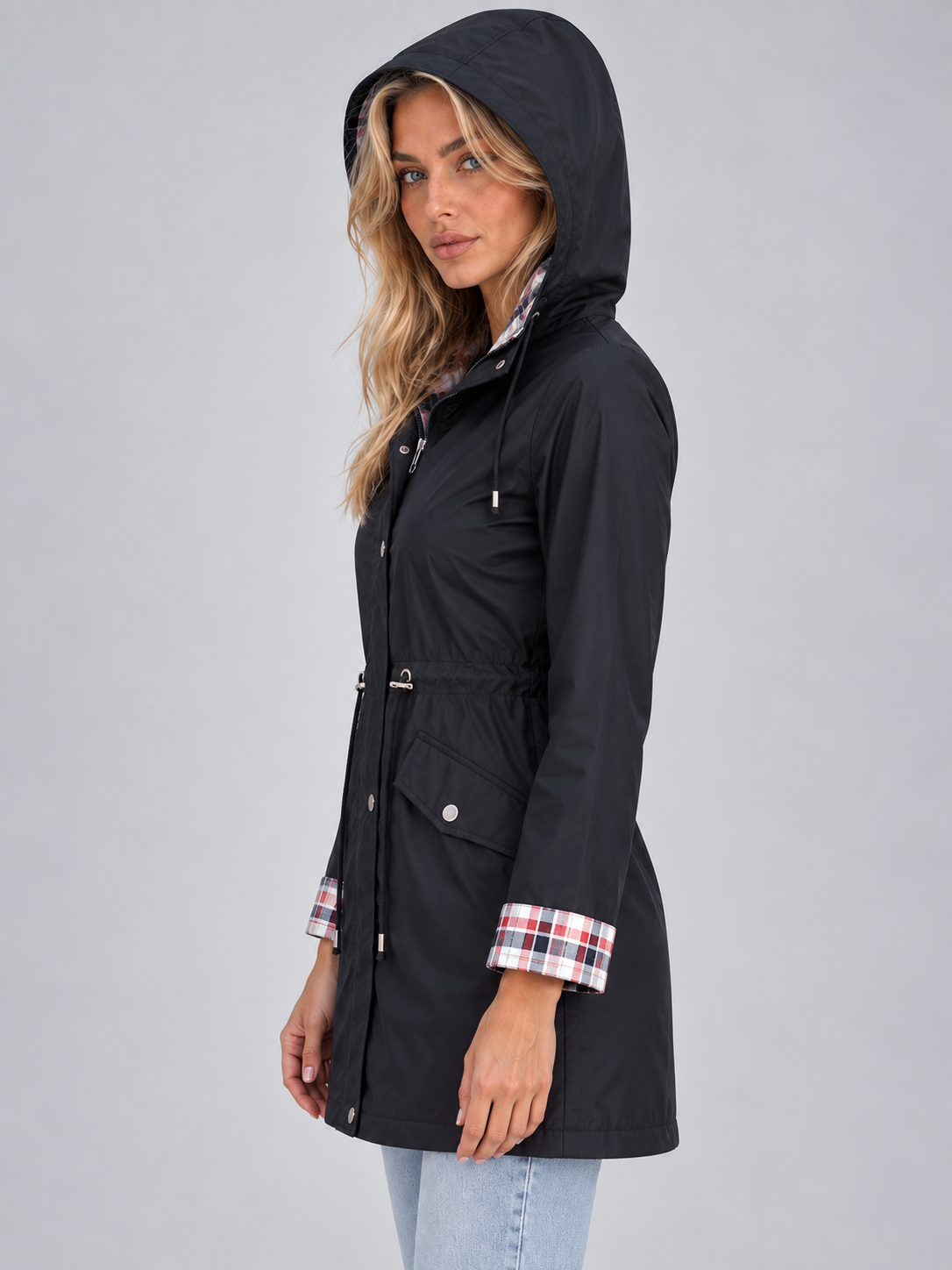 Longline Hooded Raincoat – Zip Up Parka with Adjustable Drawstring Waist
