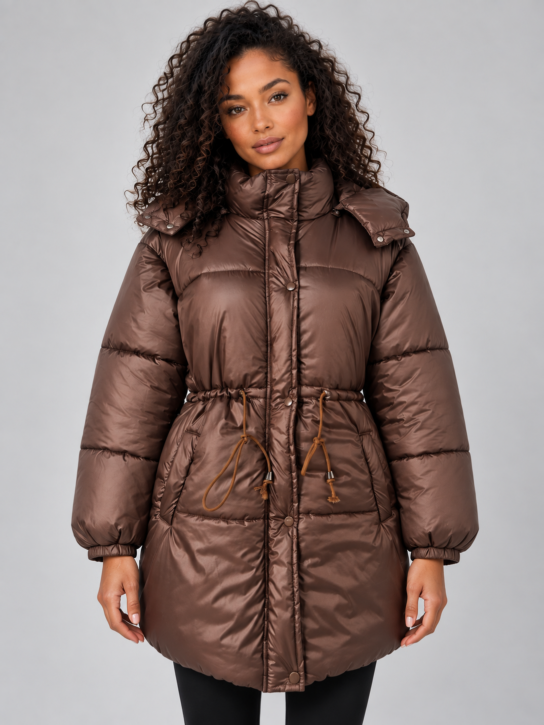 Longline Puffer Jacket – Hooded Quilted Coat with Drawstring Waist