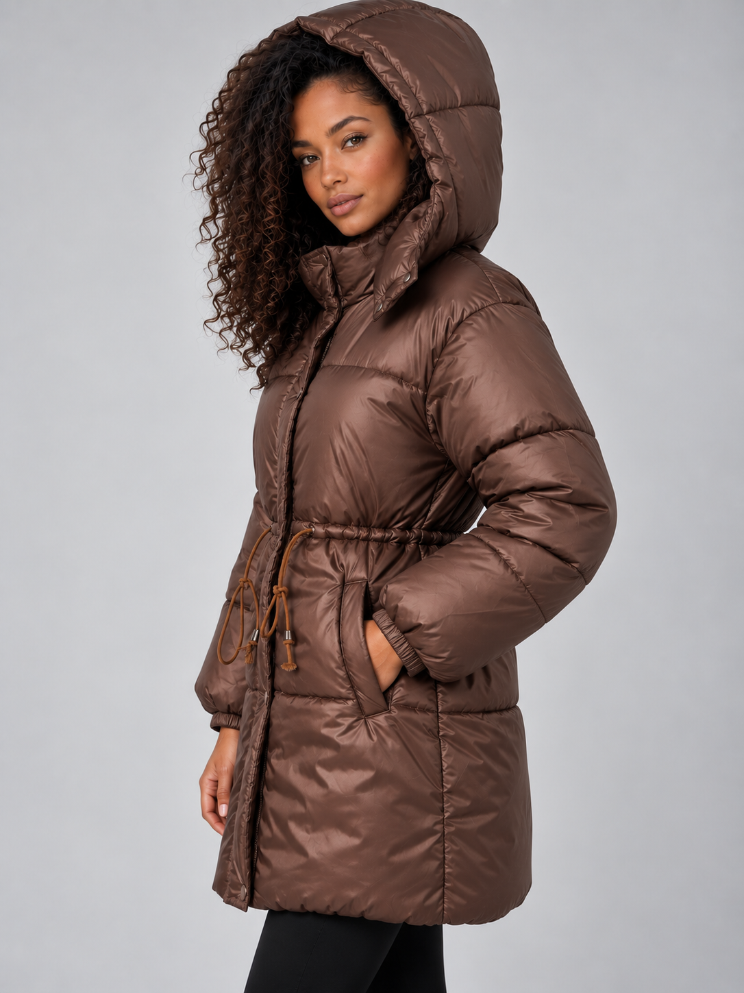Longline Puffer Jacket – Hooded Quilted Coat with Drawstring Waist
