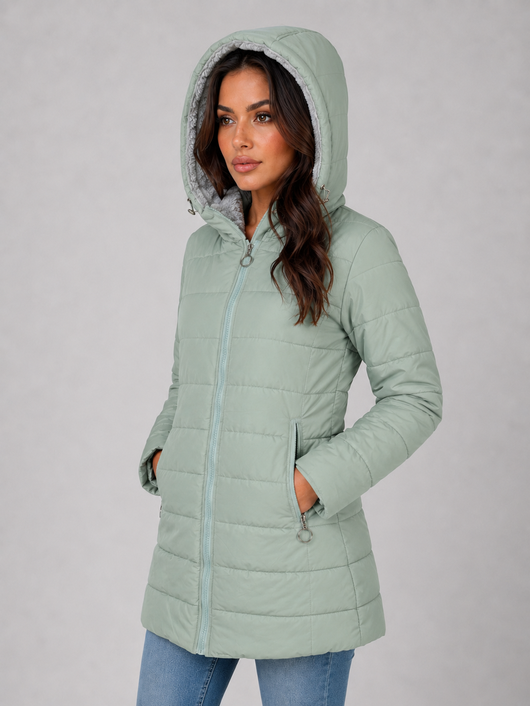 Longline Quilted Puffer Coat – Hooded Fleece-Lined Winter Jacket