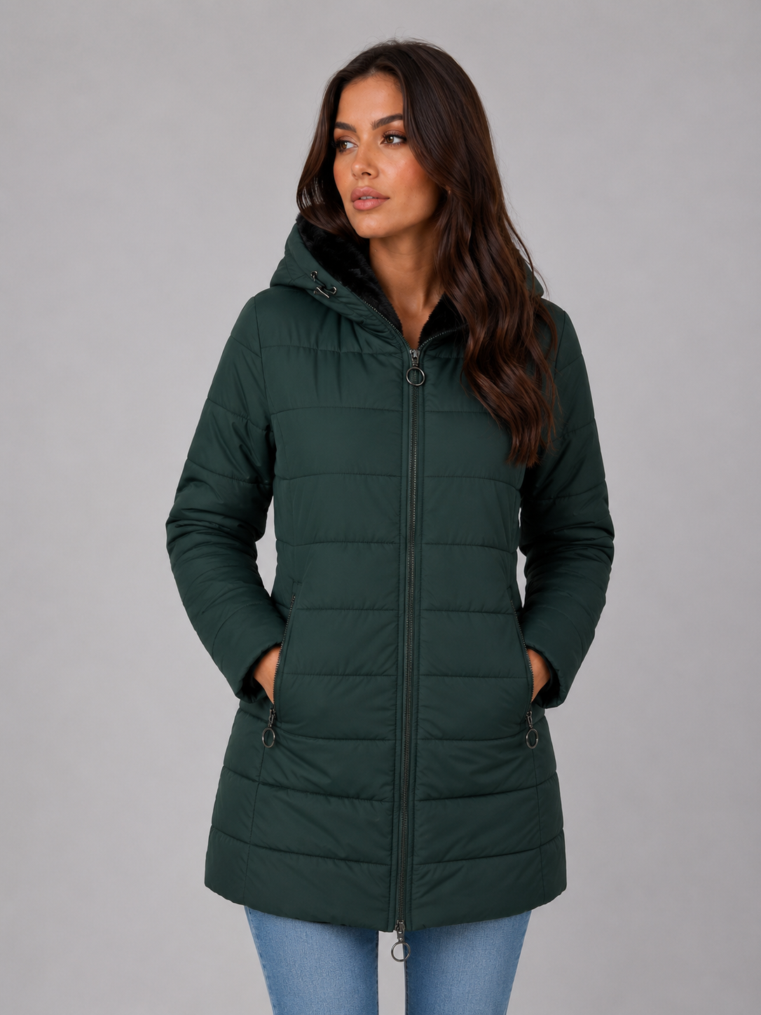 Longline Quilted Puffer Coat – Hooded Fleece-Lined Winter Jacket