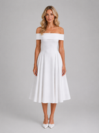 Off-Shoulder Pleated Midi Dress