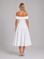 Off-Shoulder Pleated Midi Dress