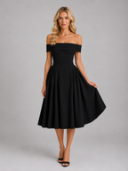 Off-Shoulder Pleated Midi Dress