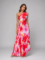 Pleated One-Shoulder Floral Maxi Dress