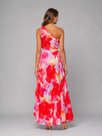Pleated One-Shoulder Floral Maxi Dress