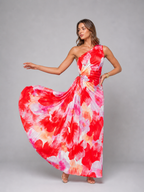 Pleated One-Shoulder Floral Maxi Dress