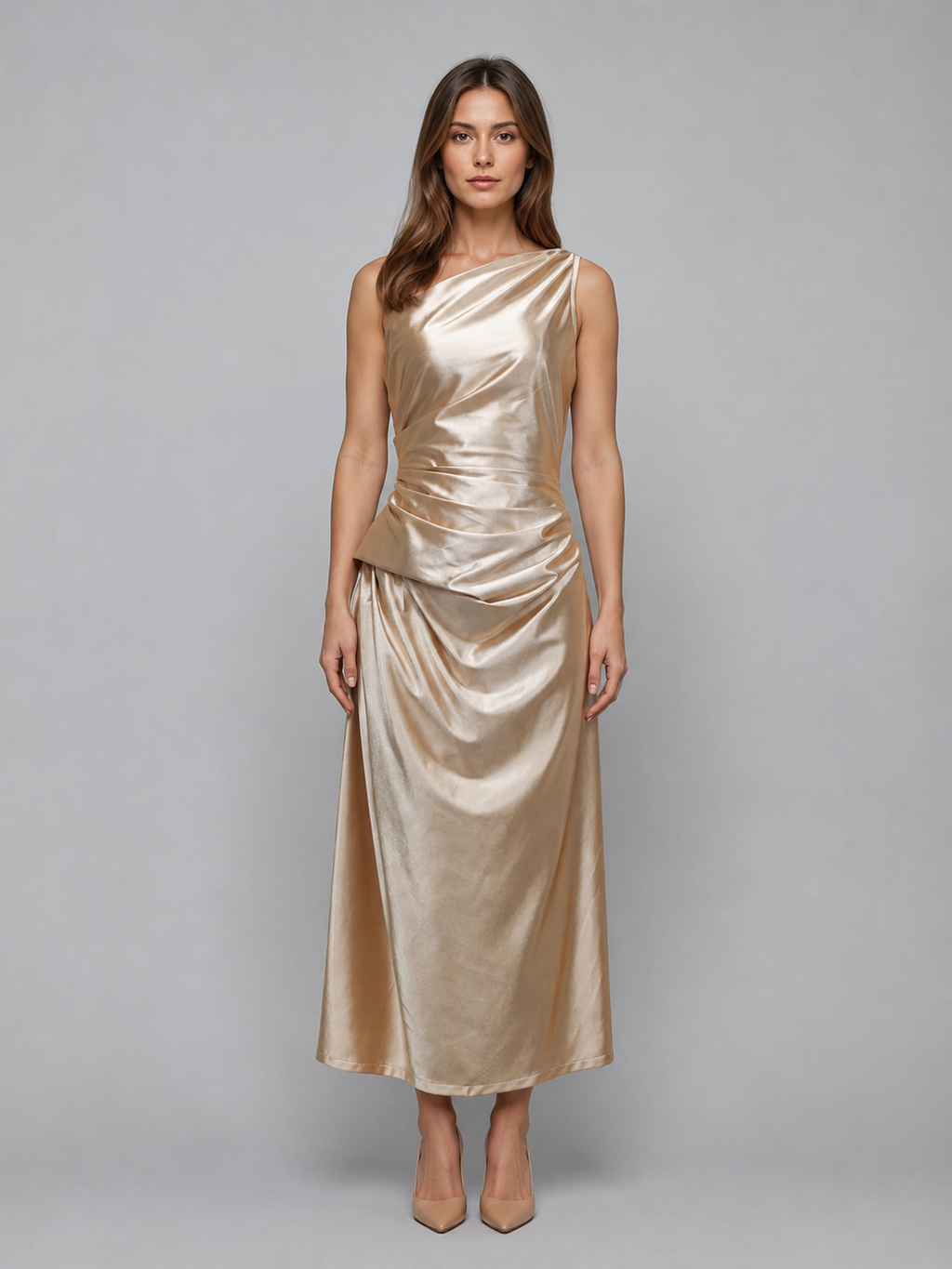 Women's One Shoulder Satin Midi Dress