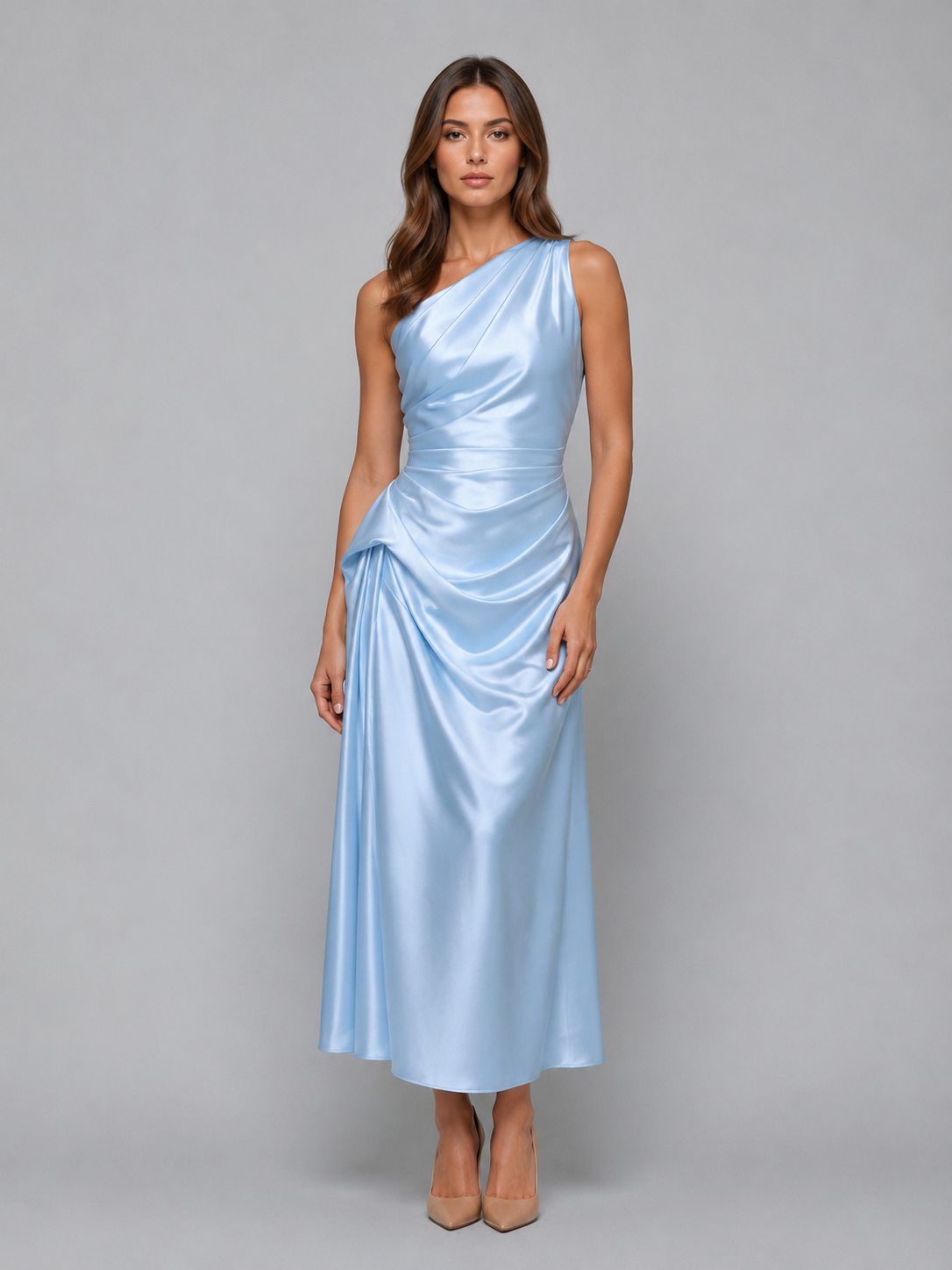 Women's One Shoulder Satin Midi Dress