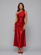 One Shoulder Satin Midi Dress