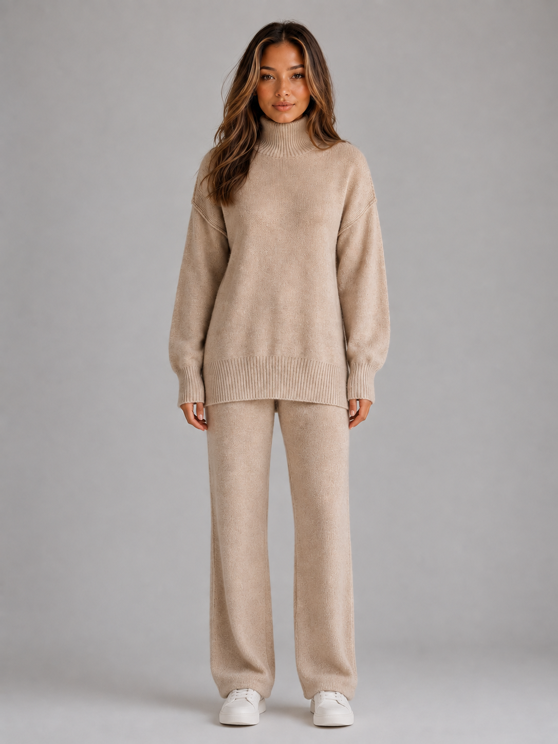 Oversized Knitted Lounge Set – Roll Neck Jumper & Wide Leg Trousers