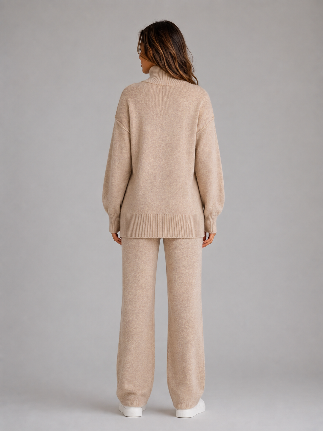 Oversized Knitted Lounge Set – Roll Neck Jumper & Wide Leg Trousers