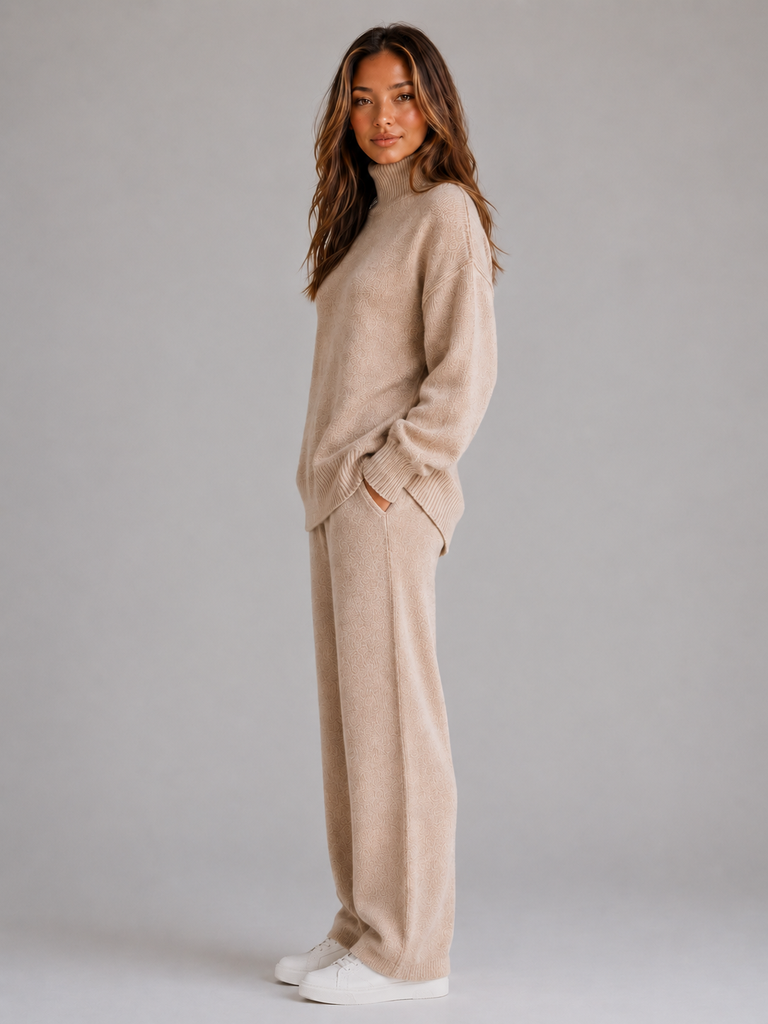 Oversized Knitted Lounge Set – Roll Neck Jumper & Wide Leg Trousers