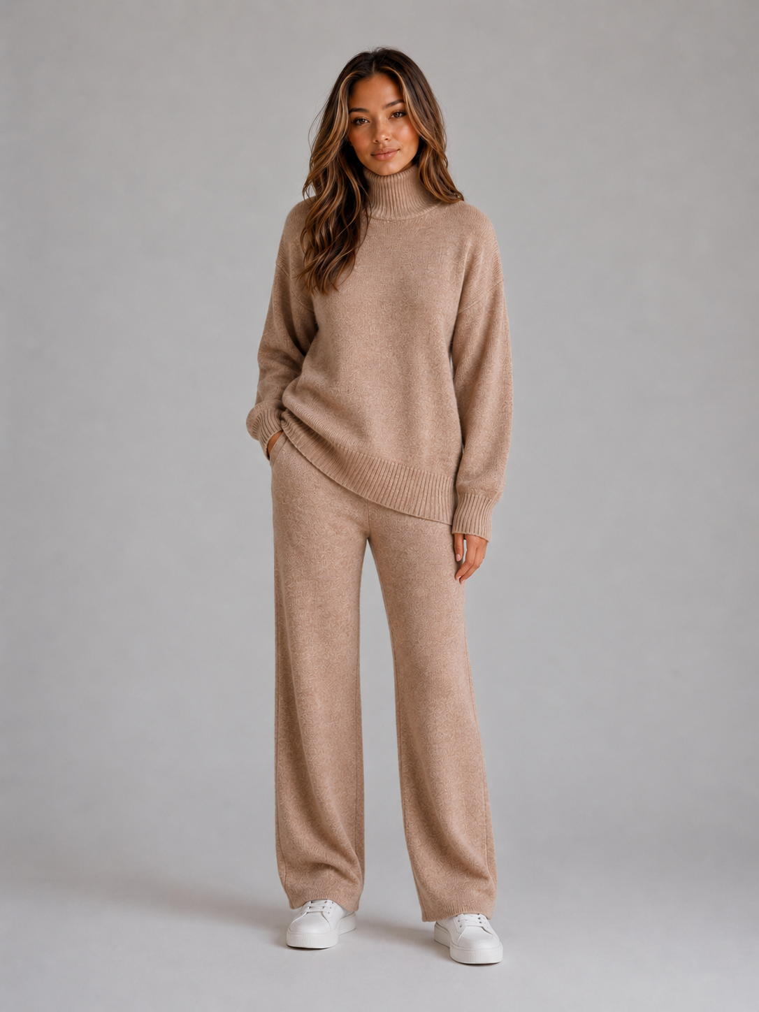 Oversized Knitted Lounge Set – Roll Neck Jumper & Wide Leg Trousers