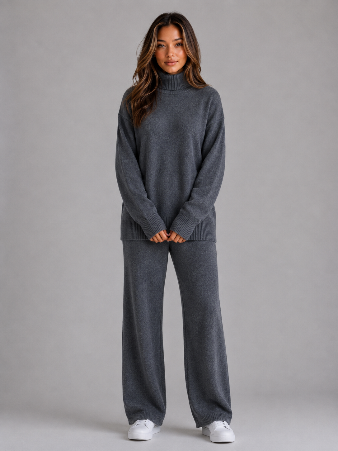 Oversized Knitted Lounge Set – Roll Neck Jumper & Wide Leg Trousers