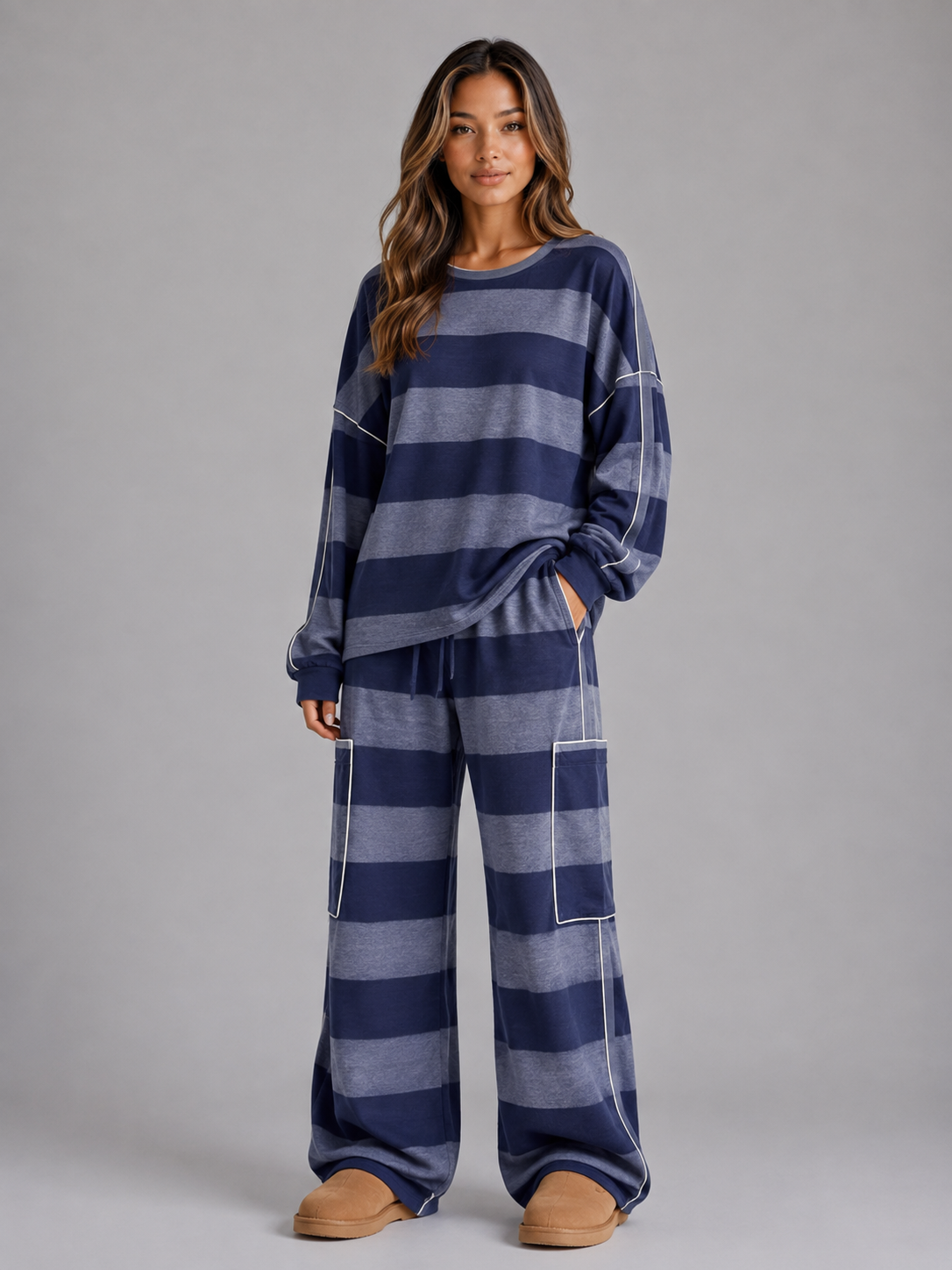 Oversized Striped Two-Piece Lounge Set – Sweatshirt & Wide Leg Trousers