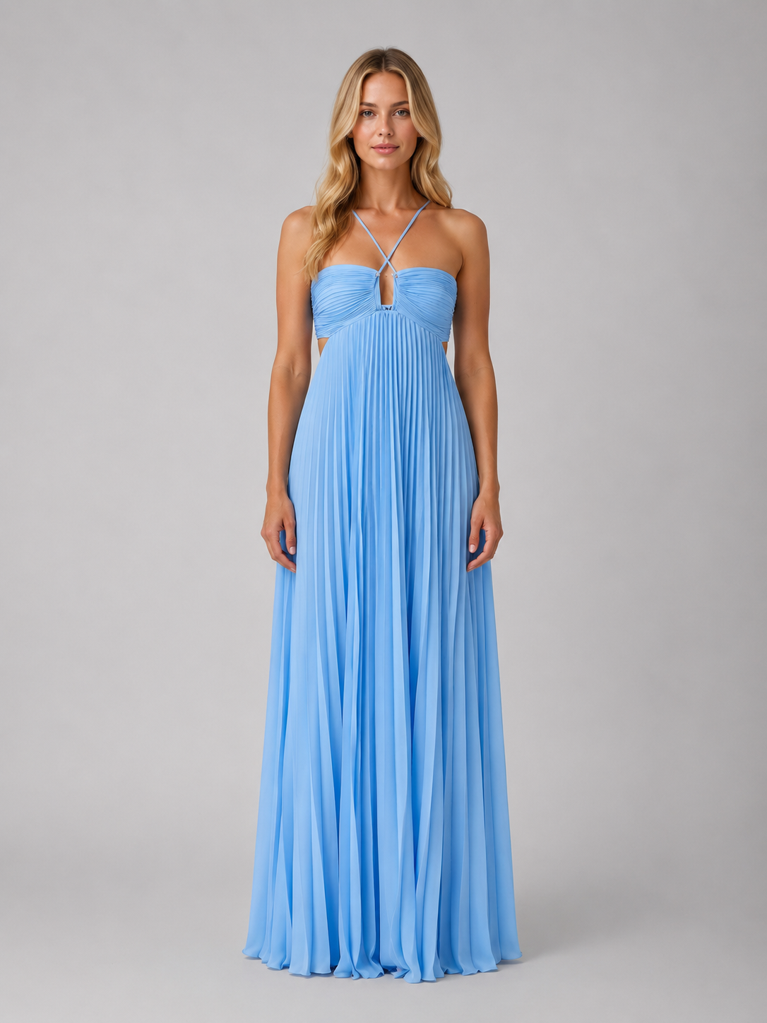 Women's Pleated Halterneck Maxi Dress