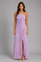 Pleated Ruffle Halter Maxi Dress