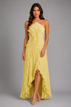 Pleated Ruffle Halter Maxi Dress