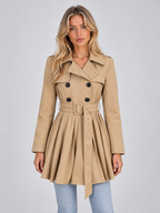 Pleated Skirt Trench Coat – Double Breasted Belted Jacket