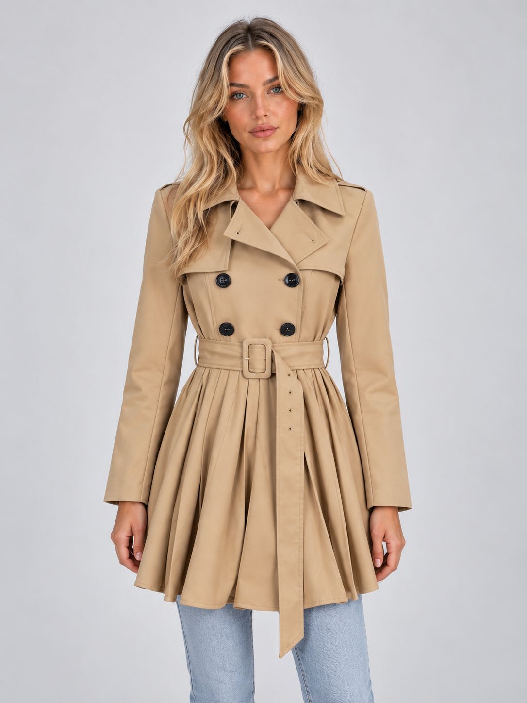Pleated Skirt Trench Coat – Double Breasted Belted Jacket