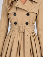 Pleated Skirt Trench Coat – Double Breasted Belted Jacket