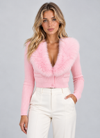 Plush Faux Fur Collar Cardigan – Ribbed Button Front Knitwear