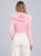 Plush Faux Fur Collar Cardigan – Ribbed Button Front Knitwear