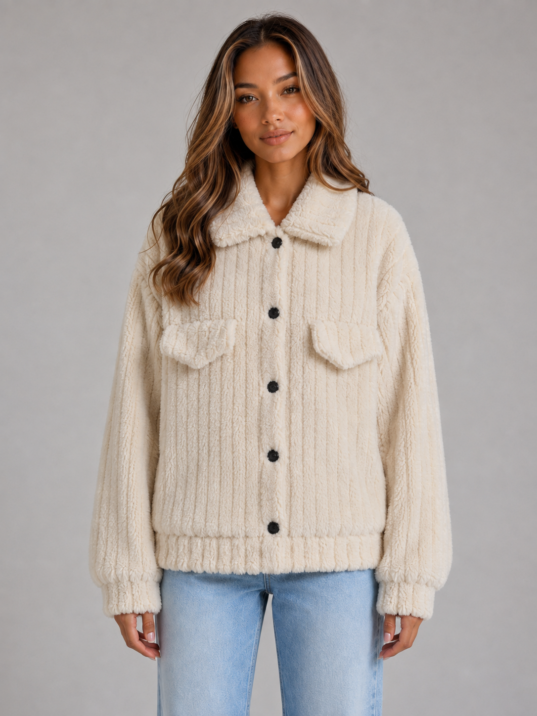 Plush Teddy Jacket – Button-Up Collared Fleece Cardigan