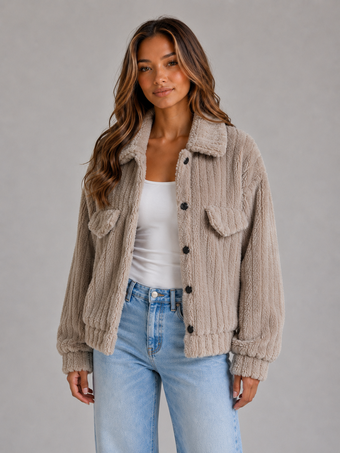 Plush Teddy Jacket – Button-Up Collared Fleece Cardigan