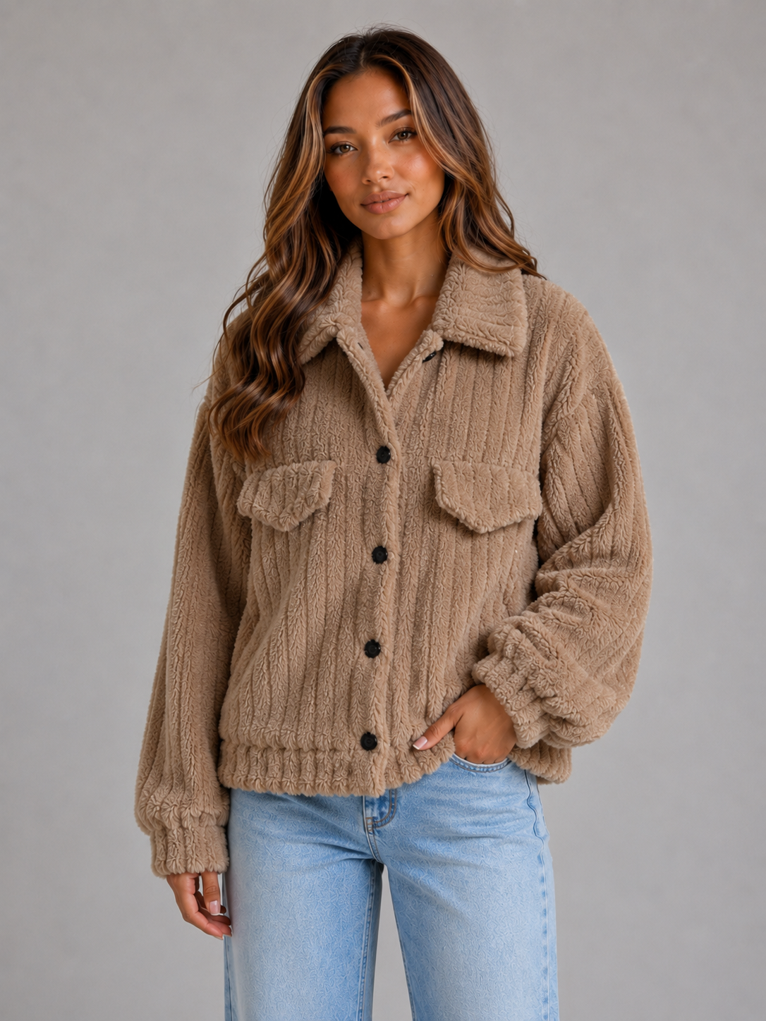 Plush Teddy Jacket – Button-Up Collared Fleece Cardigan