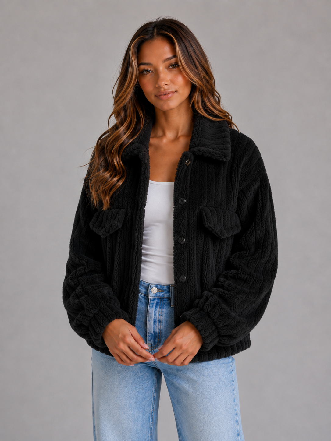Plush Teddy Jacket – Button-Up Collared Fleece Cardigan