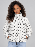 Polka Dot Cropped Jacket – Zip Up High Collar Drawstring Coat
