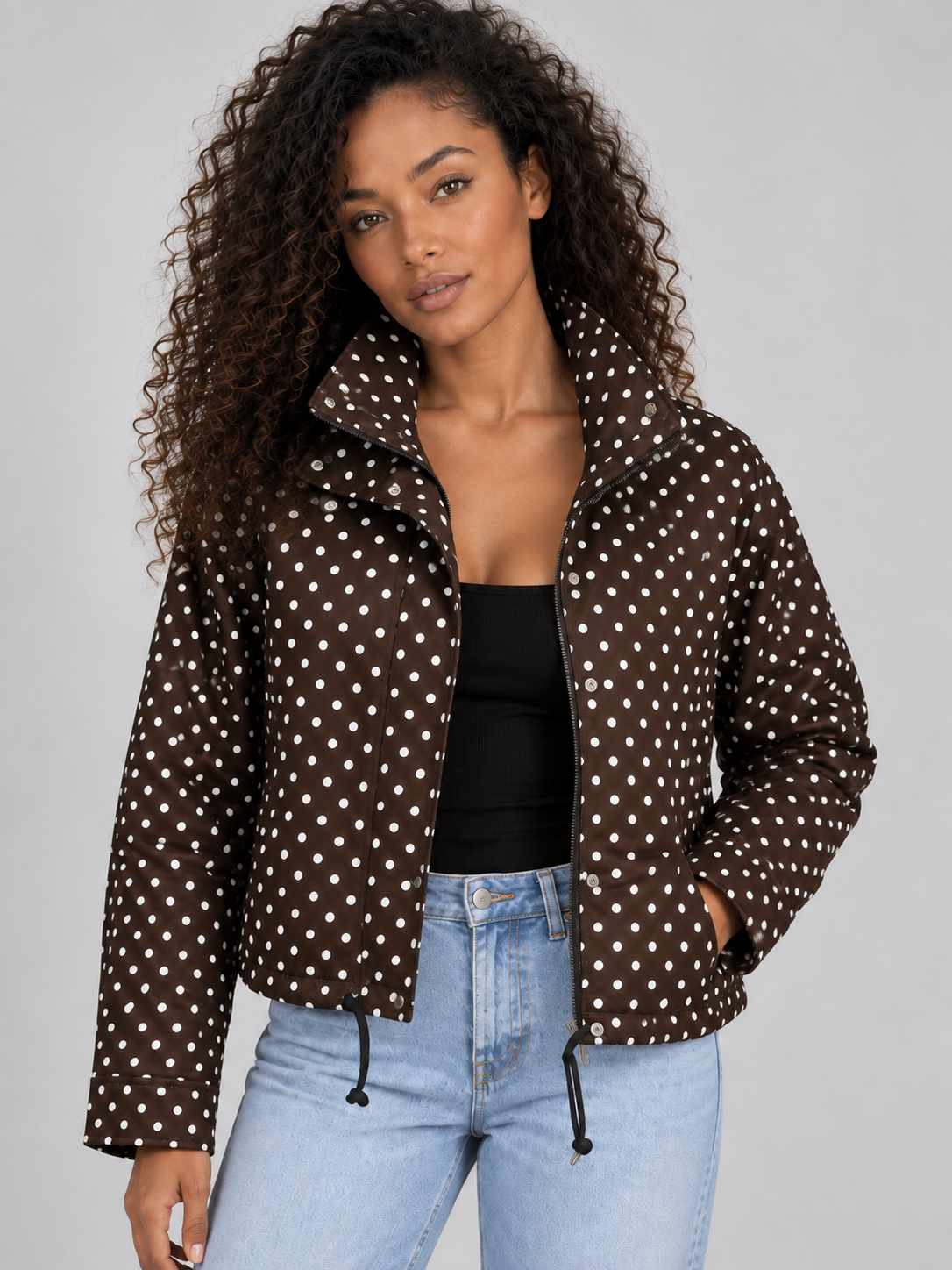 Polka Dot Cropped Jacket – Zip Up High Collar Drawstring Coat