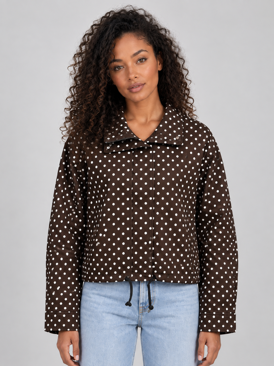 Polka Dot Cropped Jacket – Zip Up High Collar Drawstring Coat