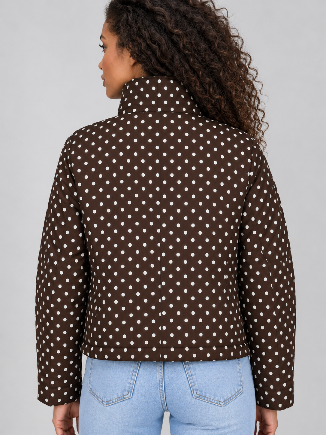 Polka Dot Cropped Jacket – Zip Up High Collar Drawstring Coat