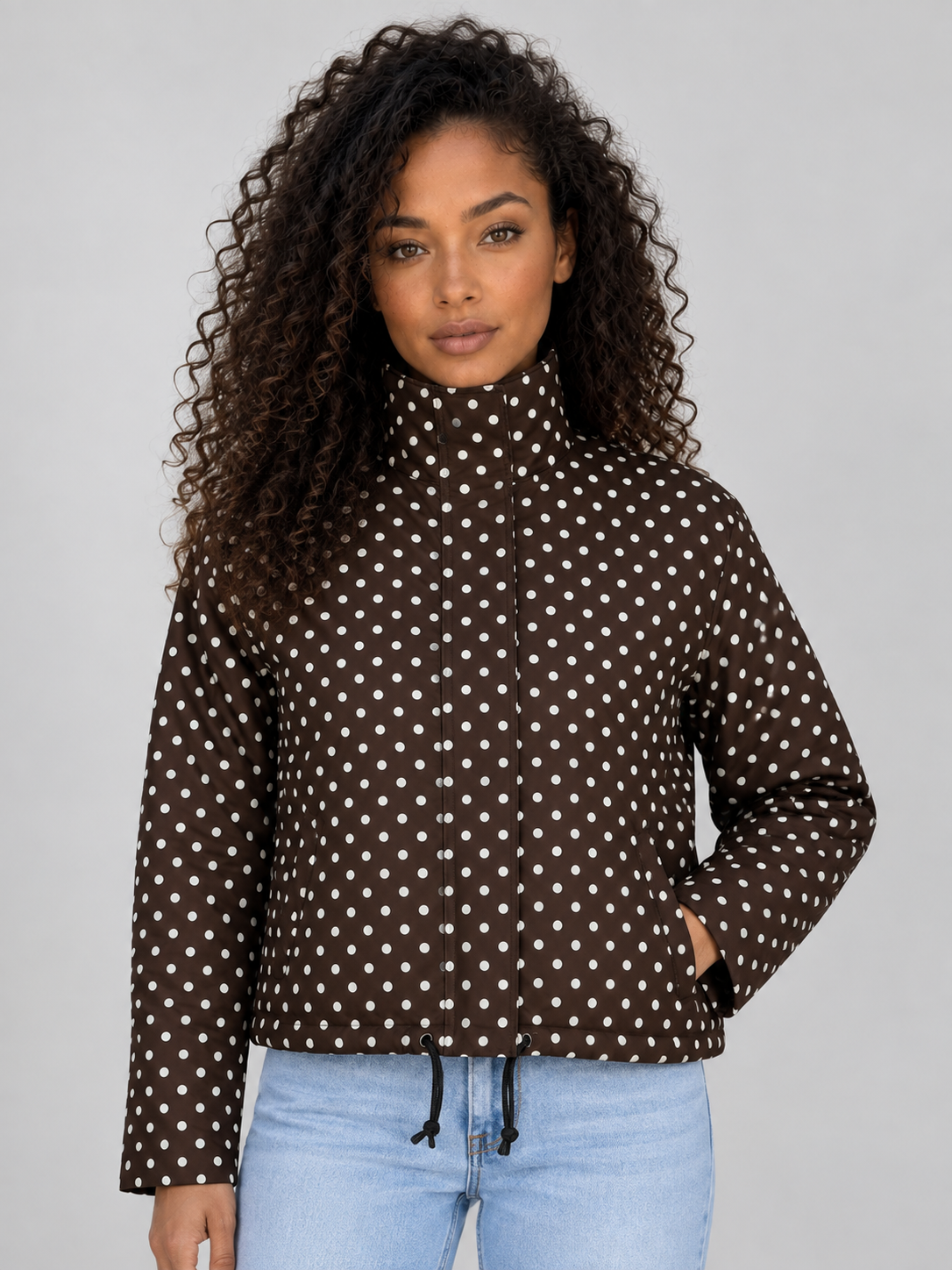 Polka Dot Cropped Jacket – Zip Up High Collar Drawstring Coat