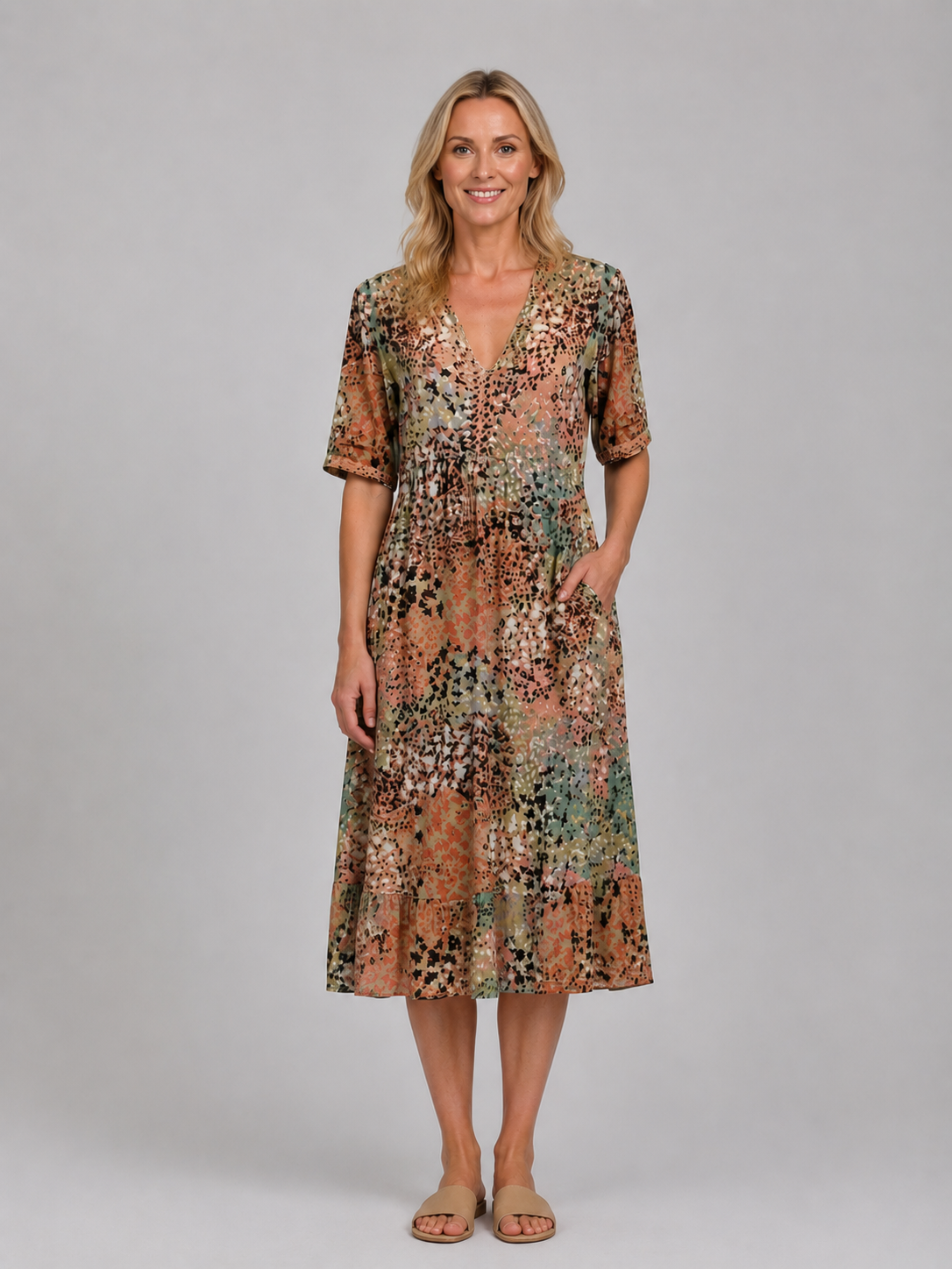 Women's Printed V-Neck Midi Dress